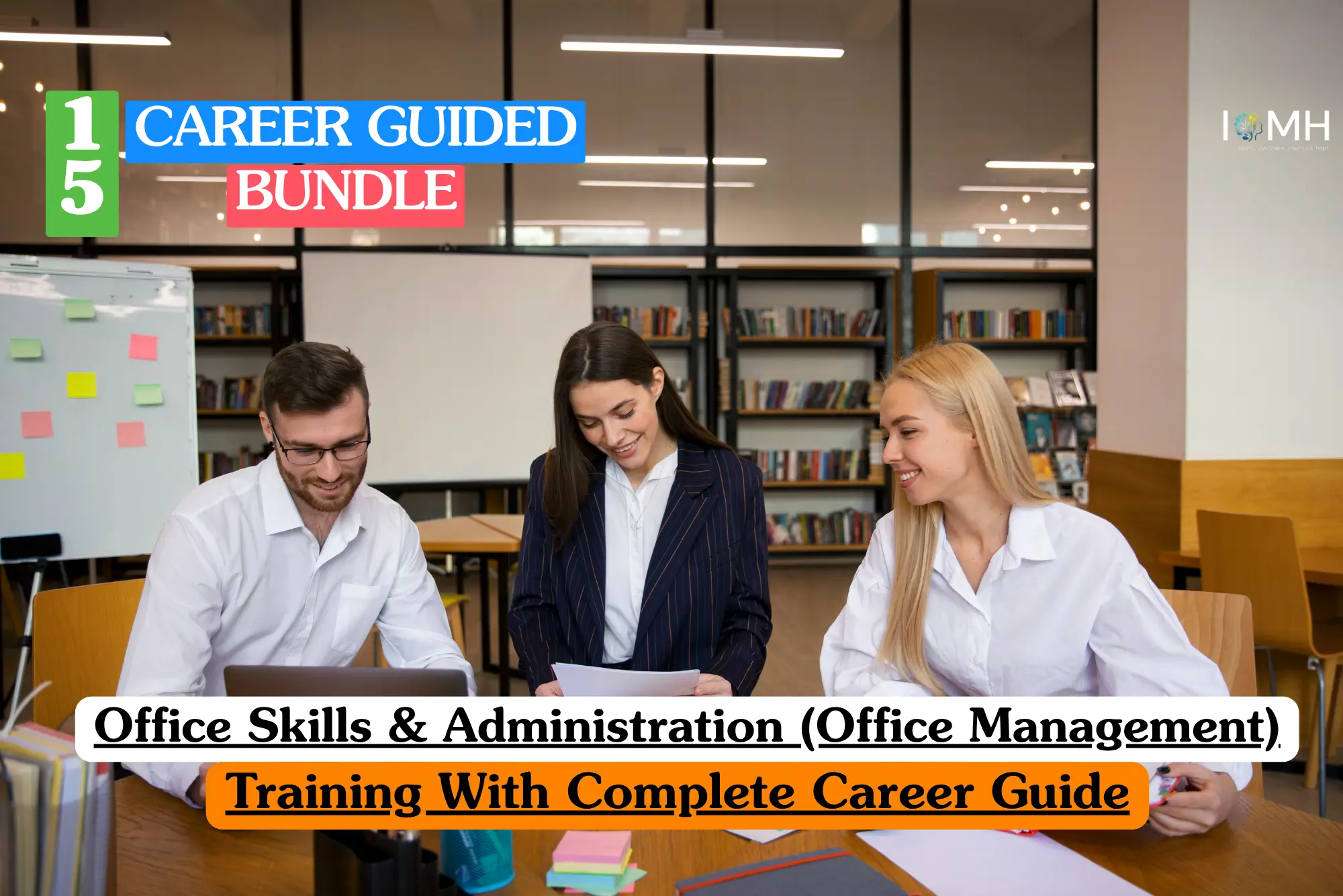 Theoretical business operations and administrative training banner featuring a professional woman in a modern office, smiling while working on a laptop.