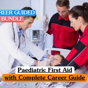 Theoretical early years medical emergency banner featuring a top-down view of an open, professional pediatric first aid kit stocked with medical components, alongside a training manual.