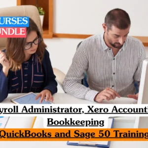 The woman is analyzing financial charts on a digital tablet while the man focuses on a desktop computer monitor, representing the study of integrated accounting software, automated payroll processing, and digital bookkeeping workflows.