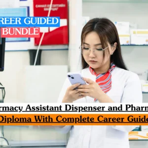 Theoretical clinical pharmacology and pharmacy operations training banner featuring a focused female pharmacy technician or dispensing assistant with long dark hair, wearing wire-frame glasses, a white lab coat, and a red-and-white striped uniform neck scarf. She is looking down while operating a digital mobile interface or barcode scanning application.