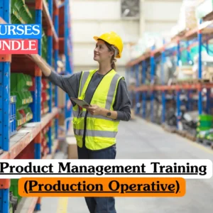 Theoretical manufacturing and industrial operations training banner featuring a female production operative in a yellow hard hat and high-visibility safety vest working in a large, organized warehouse.