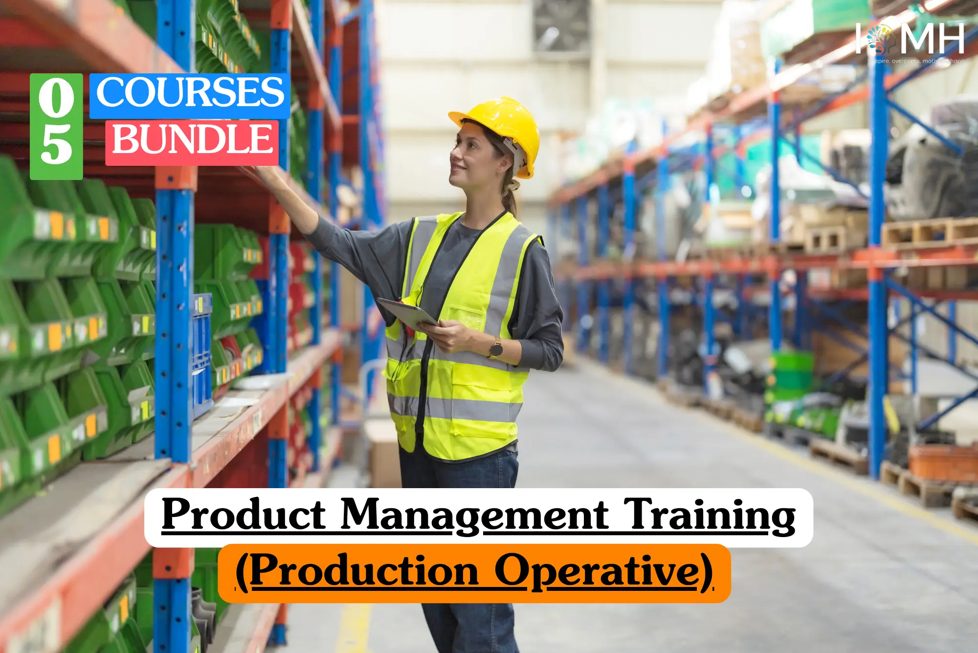 Theoretical manufacturing and industrial operations training banner featuring a female production operative in a yellow hard hat and high-visibility safety vest working in a large, organized warehouse.