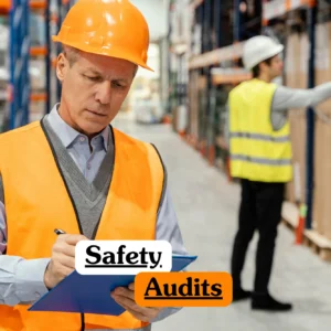 A warehouse inspector in high-visibility clothing filling out a checklist to illustrate the theoretical principles and compliance standards of Safety Audits within a professional setting.