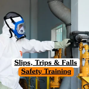 Theoretical occupational health and safety training banner featuring a worker in full protective gear, including a white hazmat suit, blue full-face respirator, and heavy-duty gloves, operating a valve in an industrial facility with yellow piping, representing the study of hazard identification, workplace risk assessment, floor maintenance protocols, and the prevention of common industrial accidents.