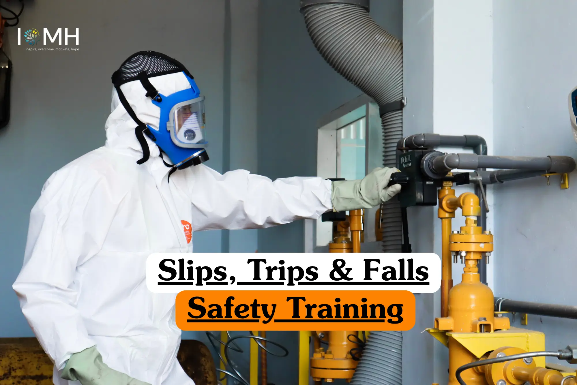Theoretical occupational health and safety training banner featuring a worker in full protective gear, including a white hazmat suit, blue full-face respirator, and heavy-duty gloves, operating a valve in an industrial facility with yellow piping, representing the study of hazard identification, workplace risk assessment, floor maintenance protocols, and the prevention of common industrial accidents.