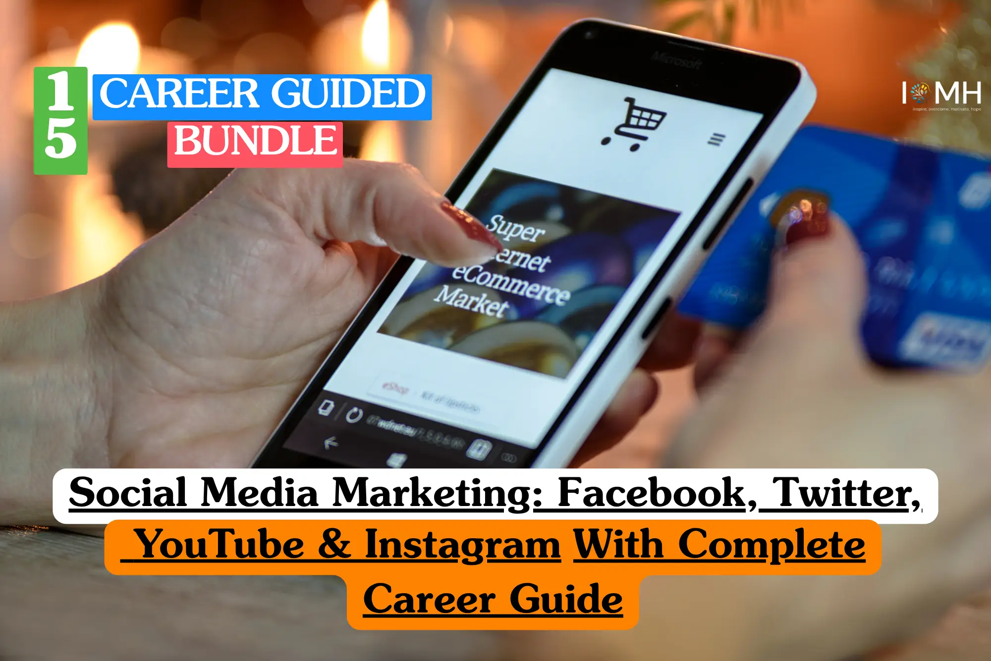 Theoretical digital marketing and e-commerce growth training banner featuring a close-up view of a consumer's hands holding a modern smartphone while initiating a mobile payment checkout loop next to a blue credit card.