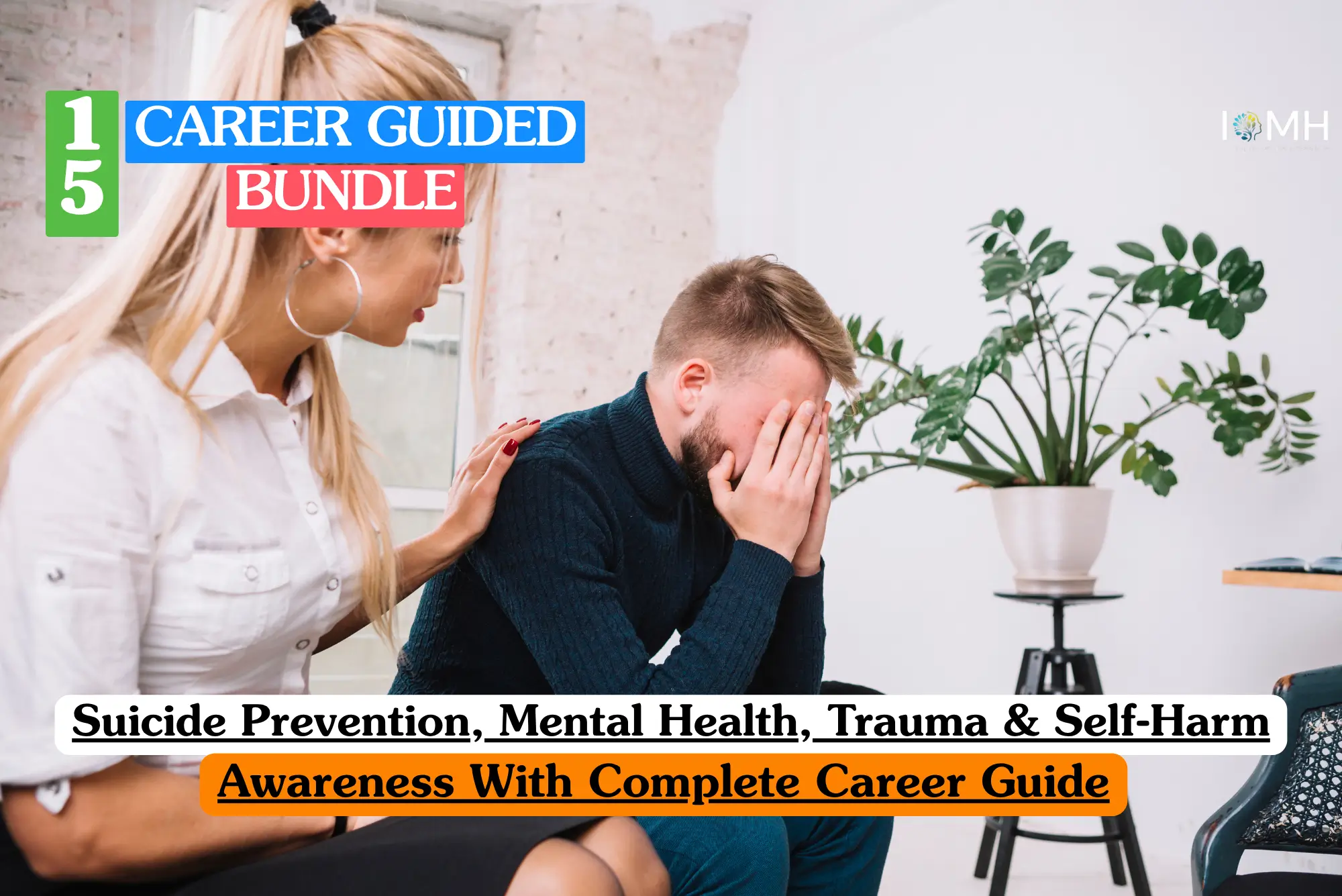Theoretical mental health crisis intervention training banner featuring a female practitioner in a compassionate, professional pose, holding a tablet in a modern office environment.