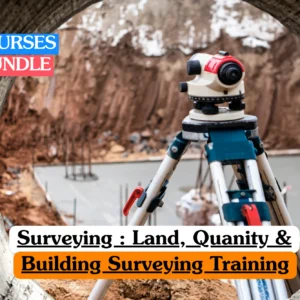 Theoretical construction and geomatics training banner featuring an optical level or theodolite mounted on a tripod, positioned at an active construction site as seen through a circular concrete pipe.