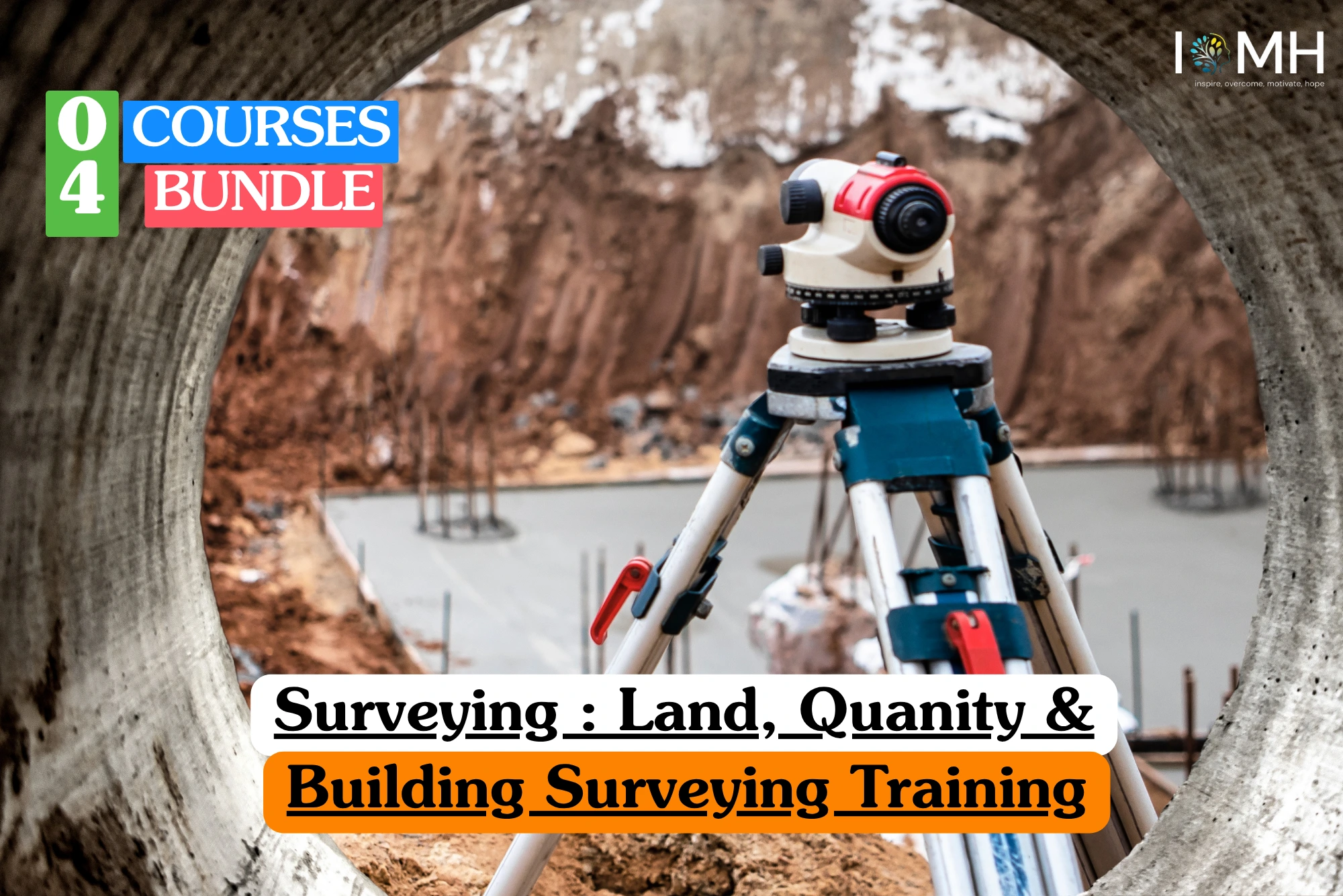 Theoretical construction and geomatics training banner featuring an optical level or theodolite mounted on a tripod, positioned at an active construction site as seen through a circular concrete pipe.