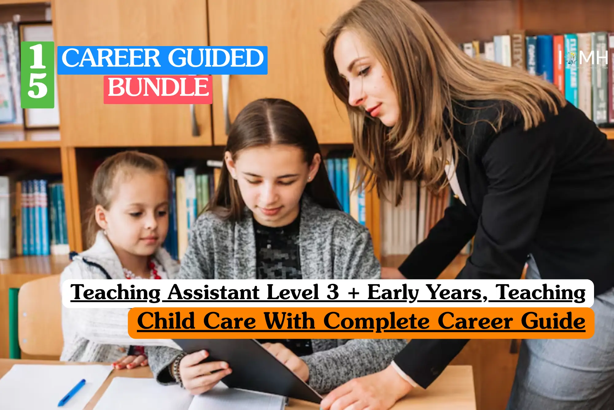 Theoretical educational and child care training banner featuring a female educator or teaching assistant in a black blazer providing one-on-one support to a primary-aged student.
