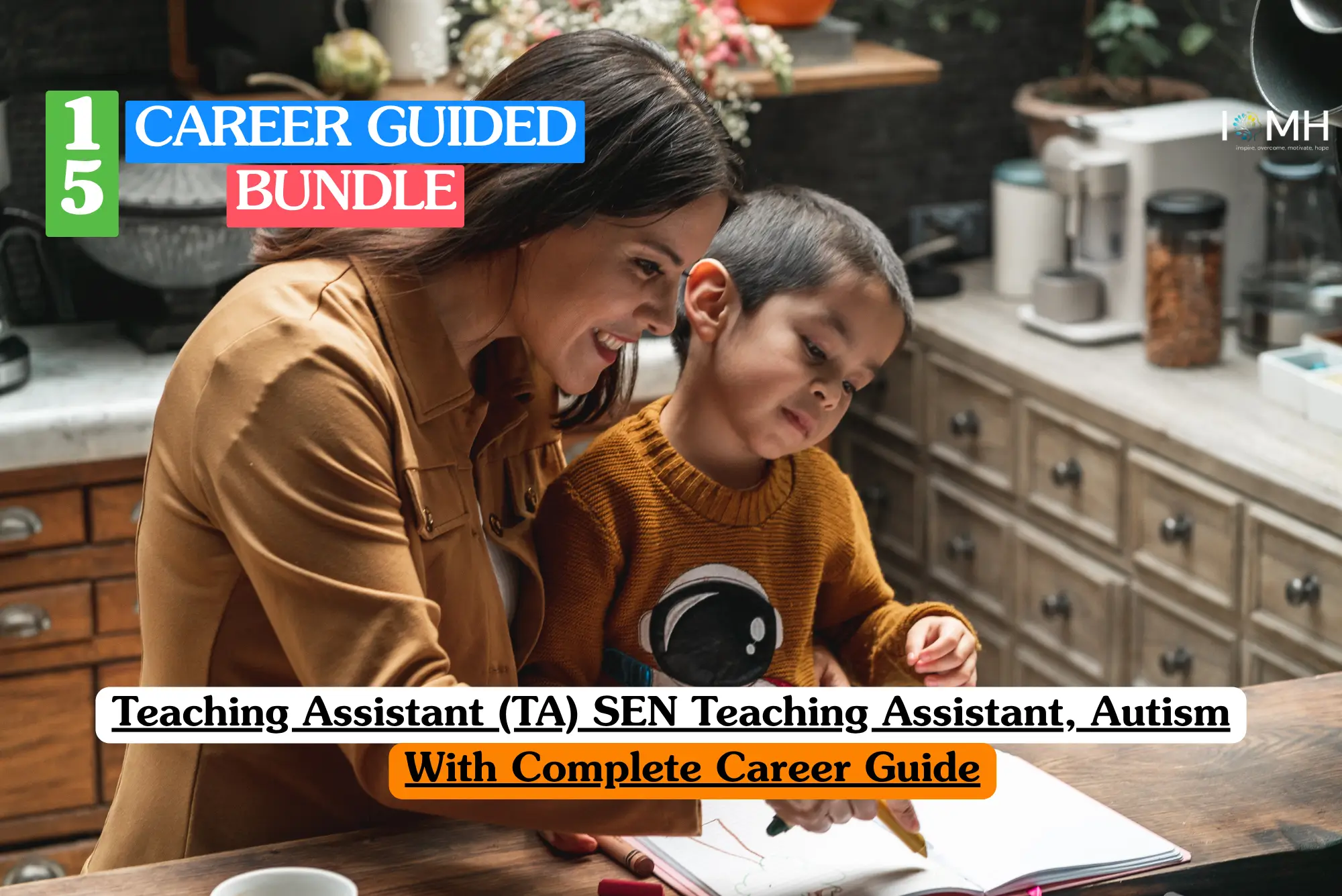 Theoretical specialized education training banner featuring a female teaching assistant or SEN specialist working closely with a young boy in a classroom.