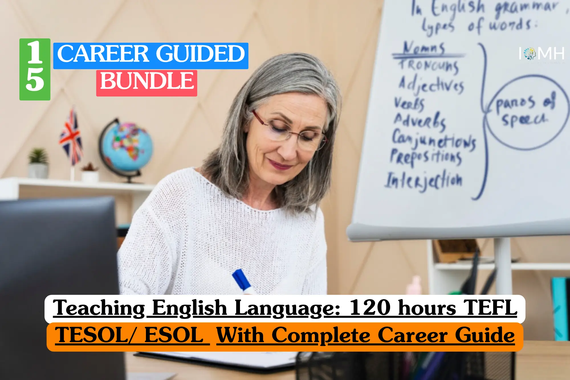 Theoretical education and linguistics training banner featuring a smiling, professional female teacher standing in front of a classroom whiteboard.