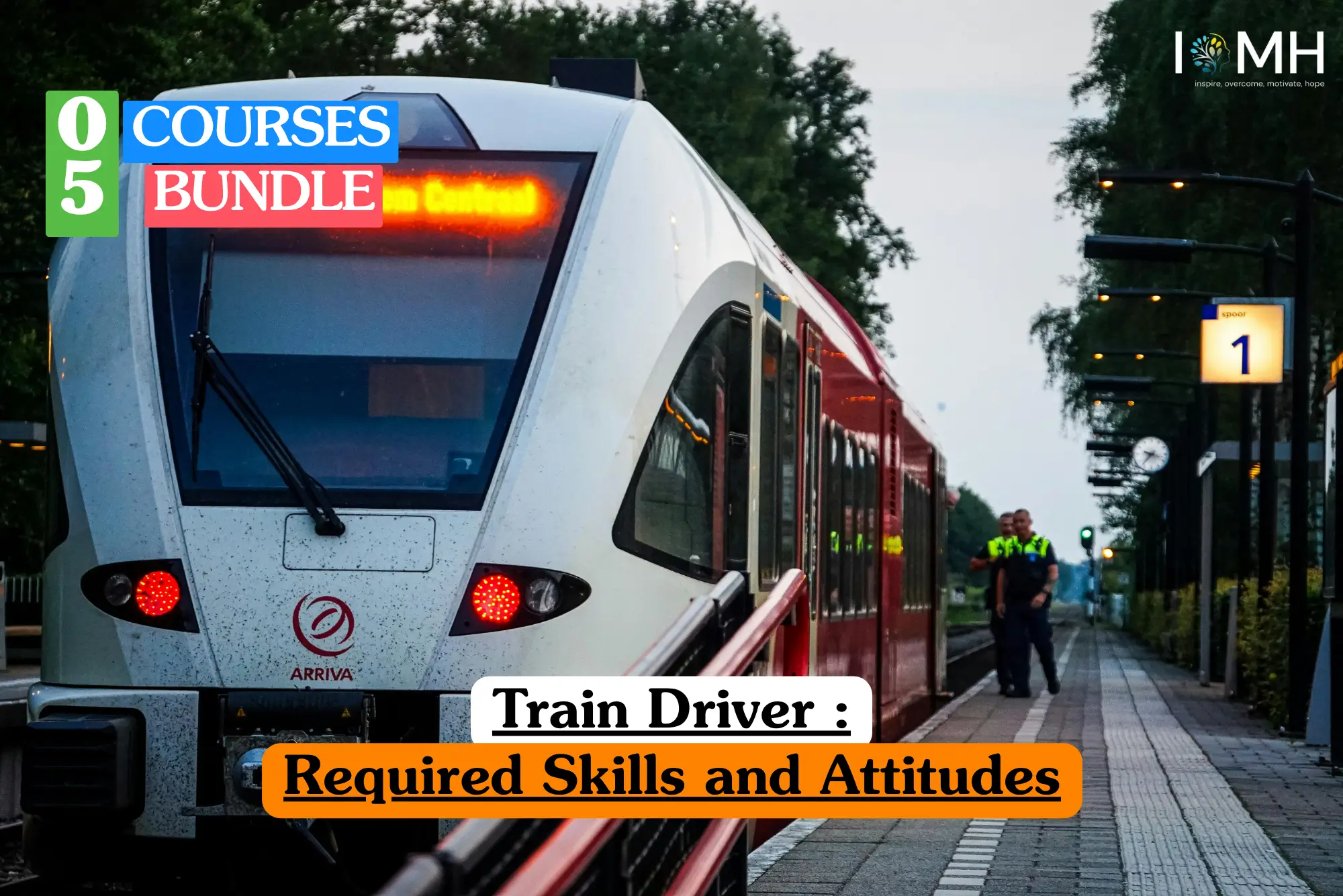 Theoretical railway operations and transportation training banner featuring a modern Arriva passenger train stopped at a station platform.