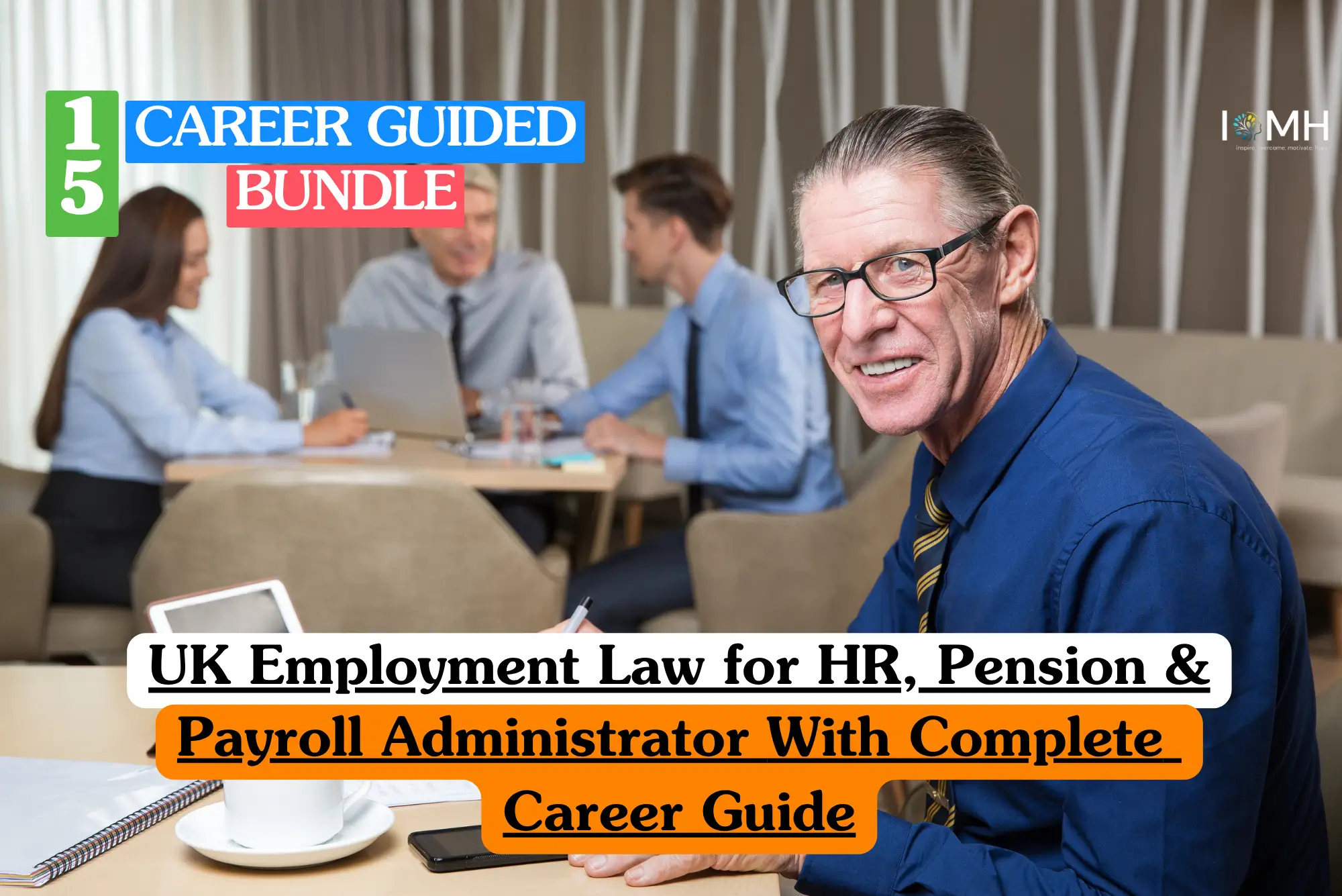 Corporate human resources and financial compliance training banner featuring a mature, professional male payroll administrator wearing glasses and a blue button-down shirt with a striped tie, smiling while sitting at a desk and reviewing documentation.