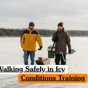 Two individuals walking across a frozen lake with winter gear to demonstrate the theoretical principles of Walking Safely in Icy Conditions Training.
