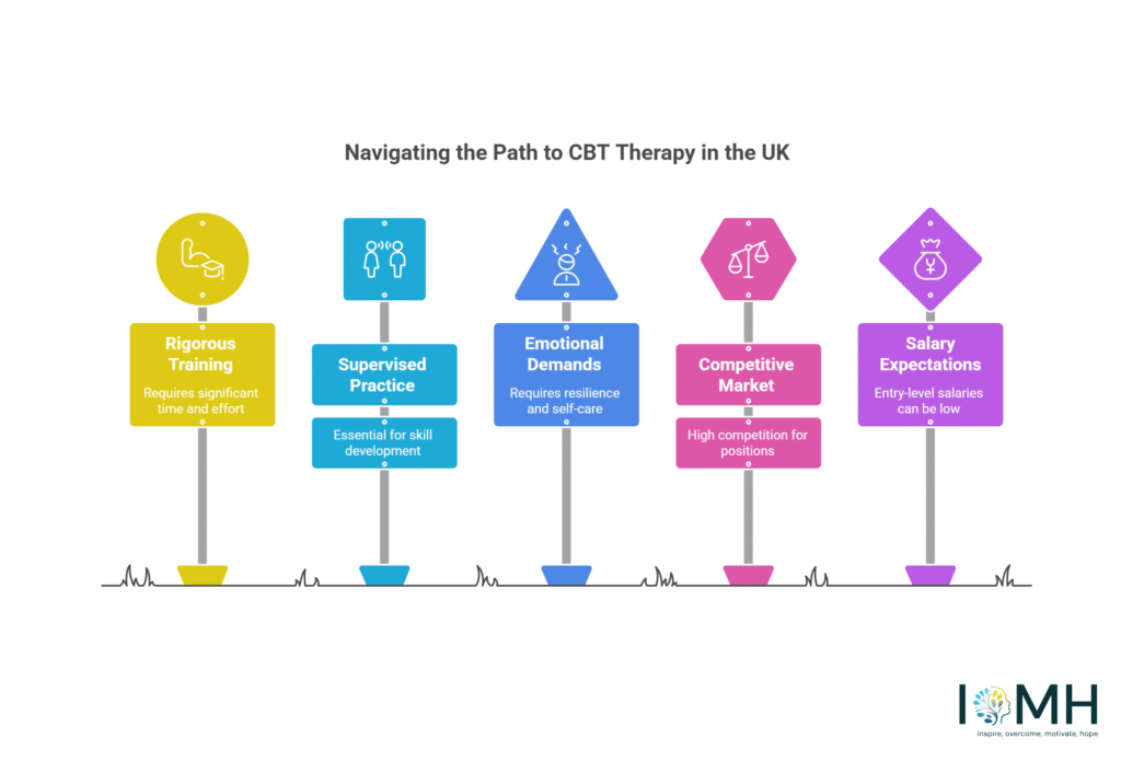 Infographic showing the pathway to becoming a cognitive behavioural therapist in the UK