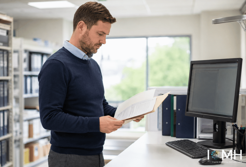 Clinical coding professional reviewing medical records in a UK healthcare office