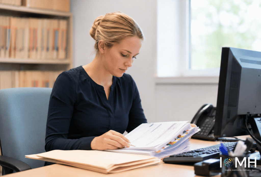 Healthcare administrator reviewing patient records for clinical coding in the UK