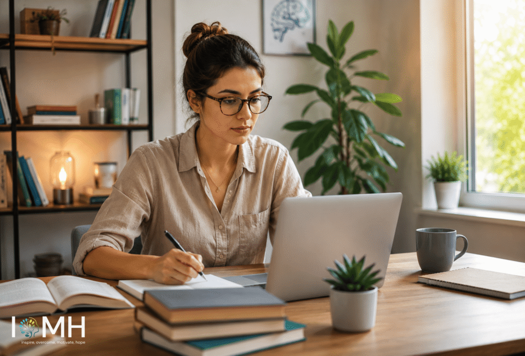 Student completing cognitive behavioural therapy training online from a home office workspace