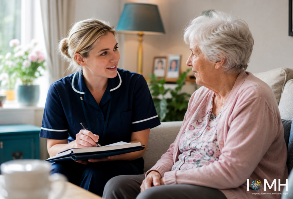 Healthcare worker supporting an elderly patient with medication guidance and personalised health and social care services in a UK care home environment, promoting wellbeing and quality of life.