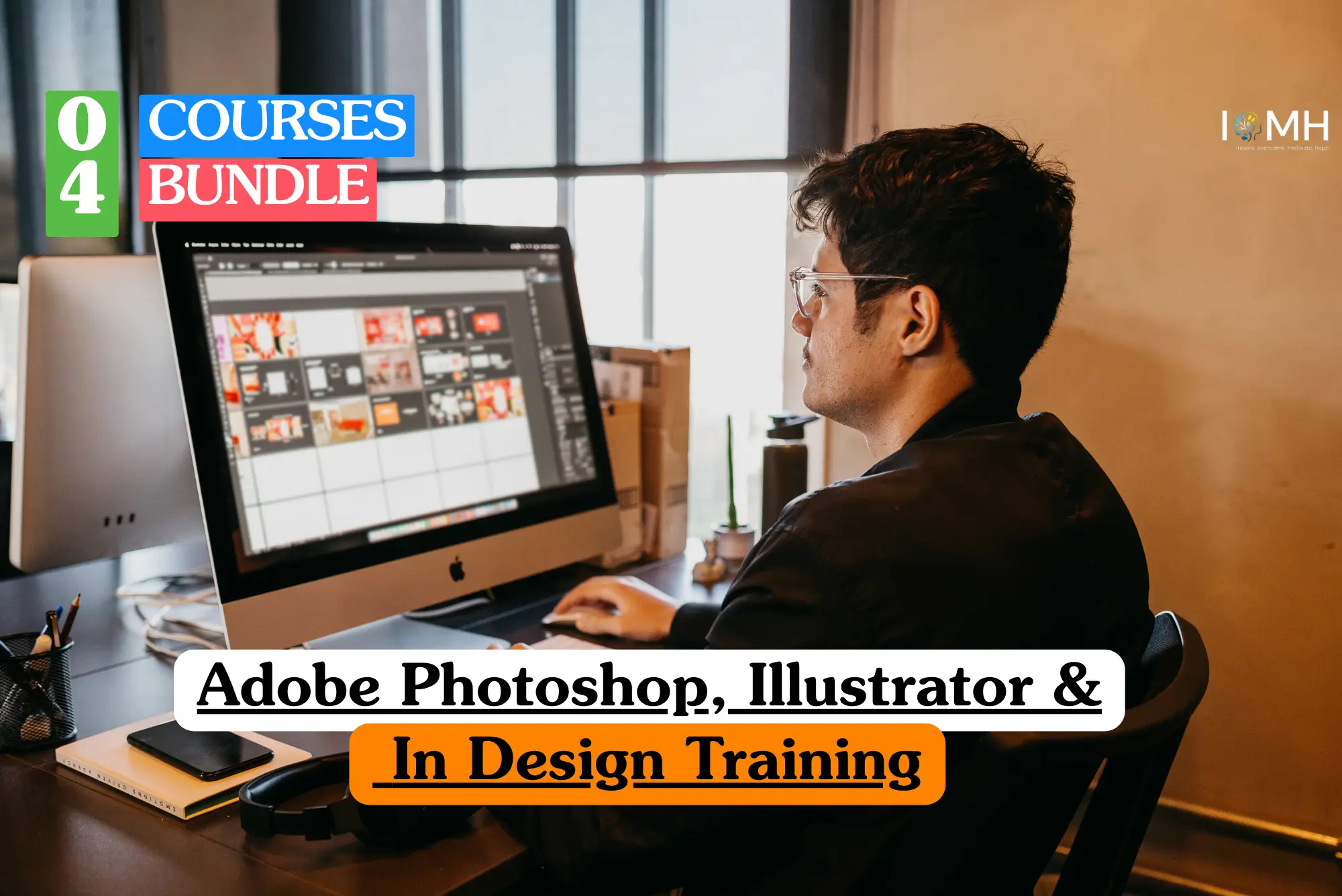 Adobe Photoshop, Illustrator & In Design Training bundle course image with a professional working on a computer.