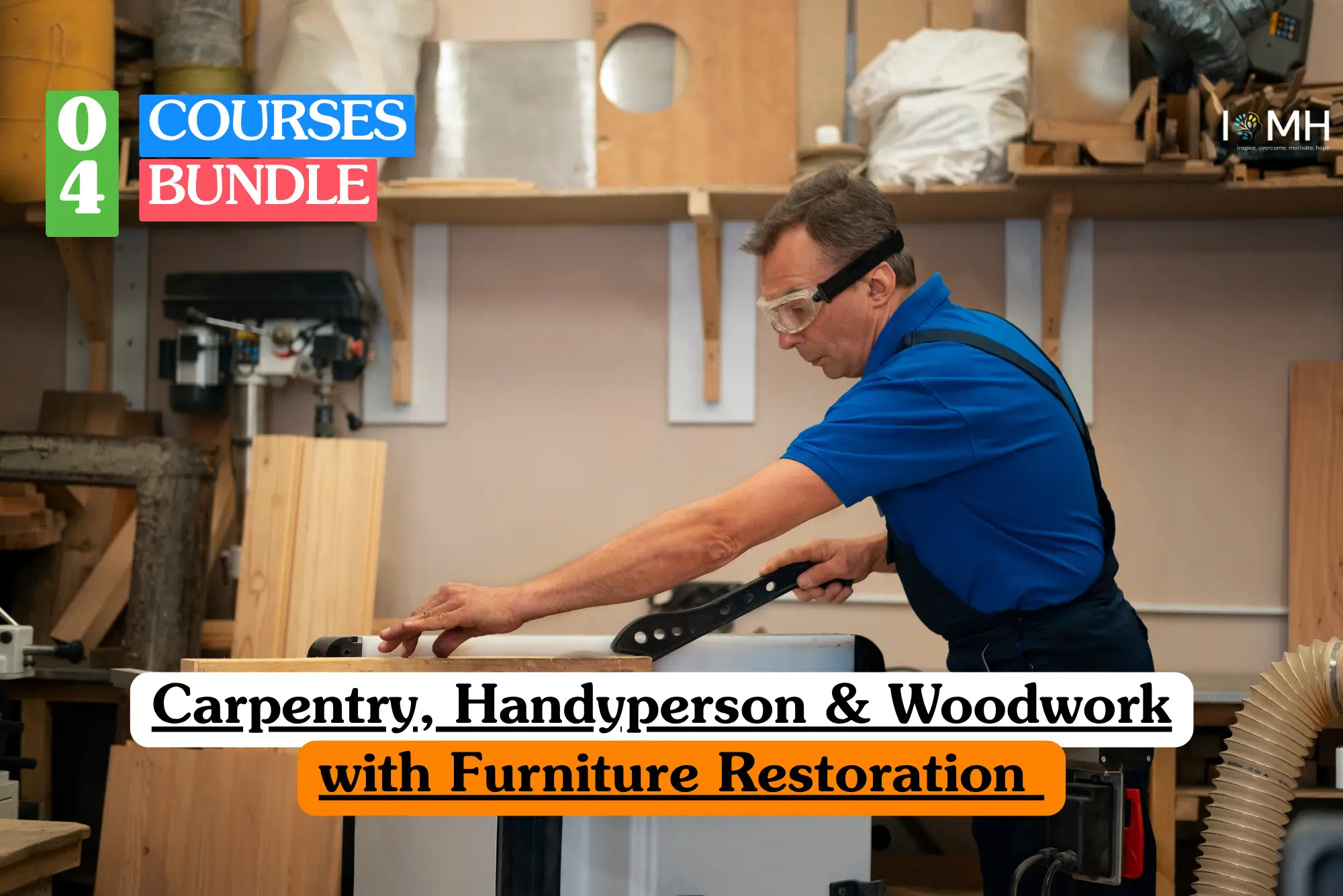 Carpentry and Furniture Restoration bundle course image showing professional woodworking, timber cutting, and handyperson training.