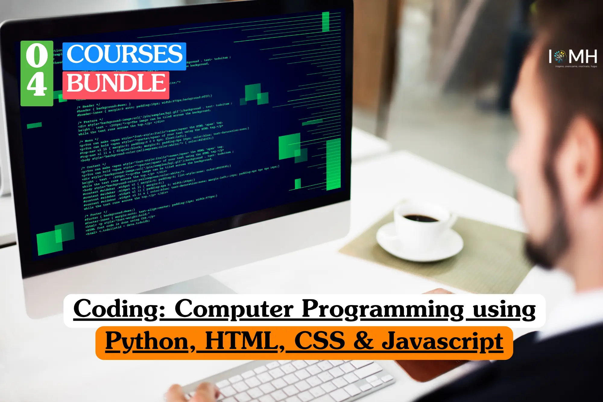 Coding and Computer Programming bundle course image showing a web development environment on a monitor screen.