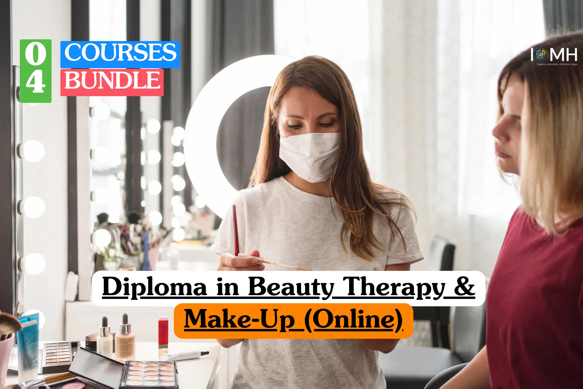 Diploma in Beauty Therapy & Make-Up bundle course image showing salon training, cosmetics application, and skincare therapy.