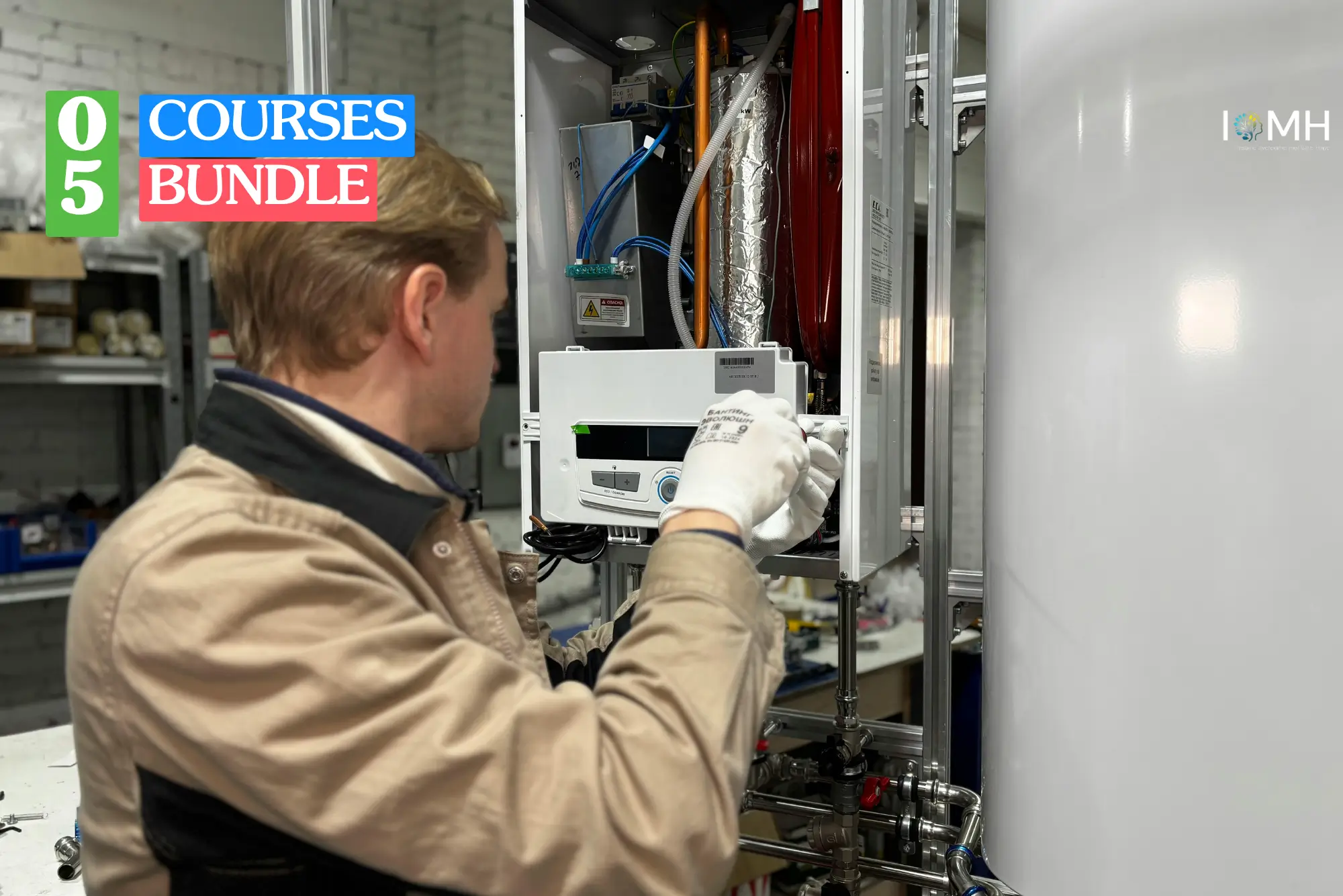 Theoretical environmental engineering and mechanical trades training banner focusing on an over-the-shoulder perspective of a professional male HVAC field engineer or building systems technician wearing a blue uniform.