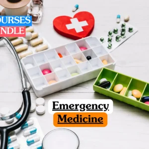 Emergency Medicine bundle course image highlighting essential paramedic equipment, medical management, and patient healthcare training.