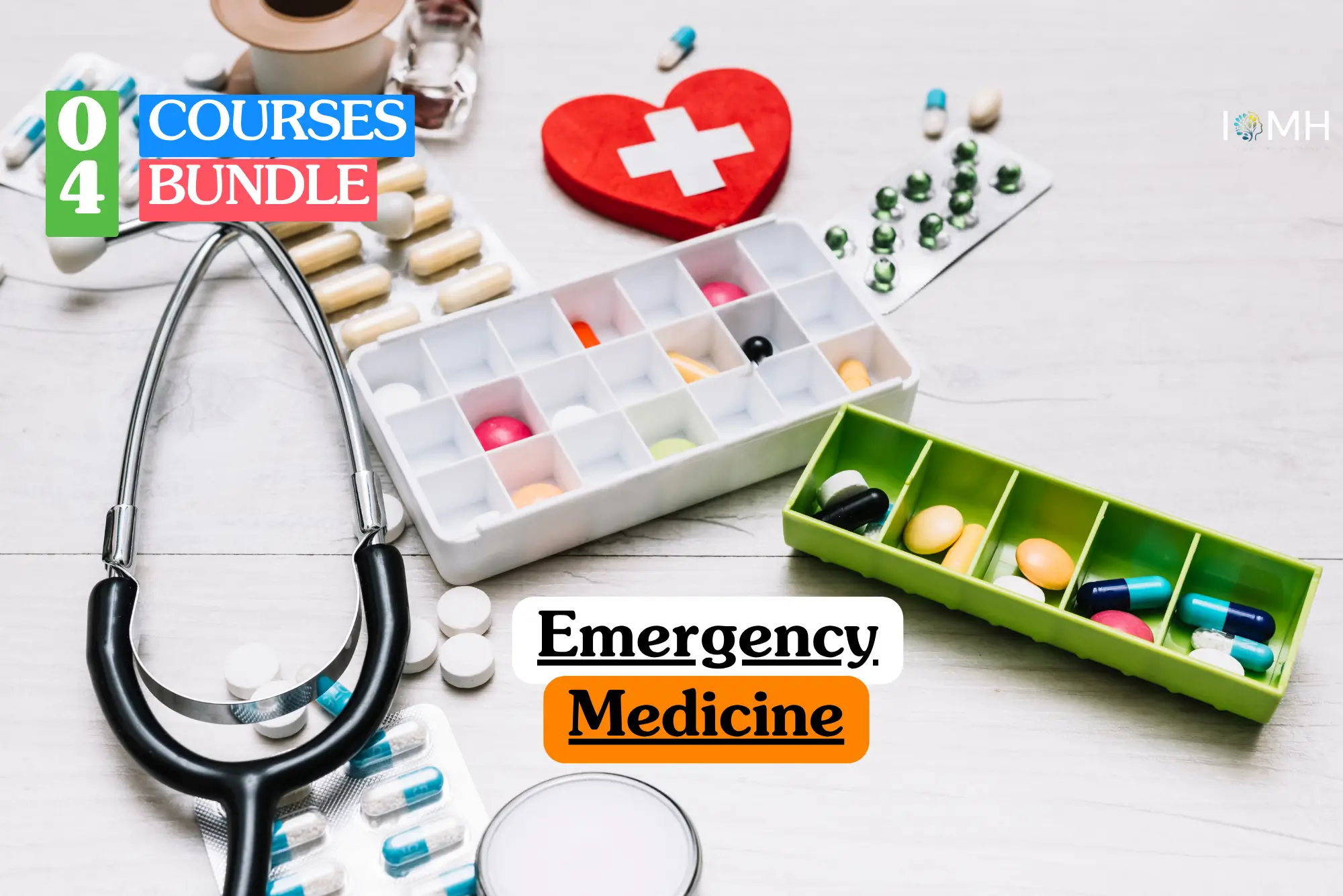 Emergency Medicine bundle course image highlighting essential paramedic equipment, medical management, and patient healthcare training.