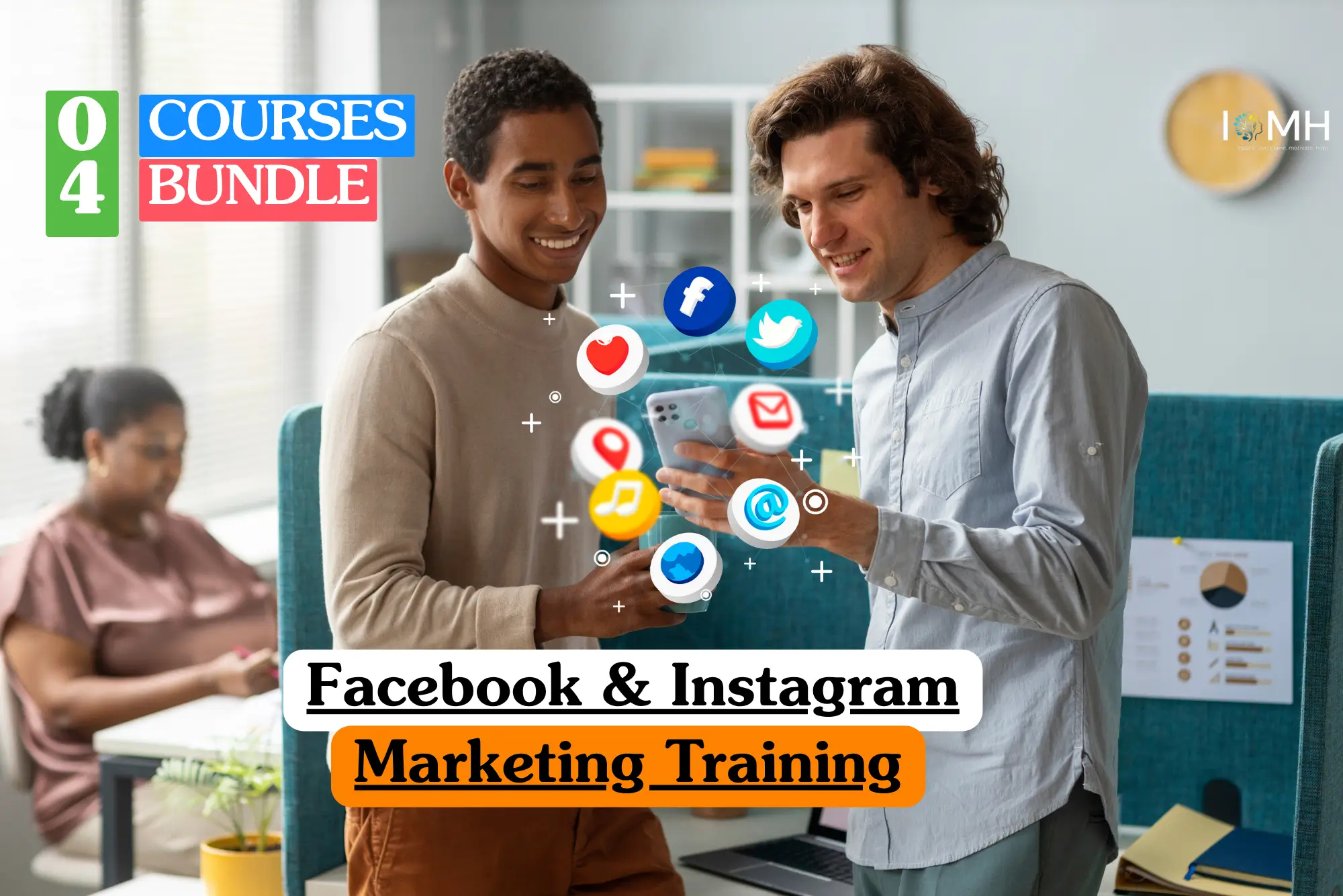 Two men looking at a smartphone together in an office setting, with floating social media icons and text reading "04 Courses Bundle" and "Facebook & Instagram Marketing Training."