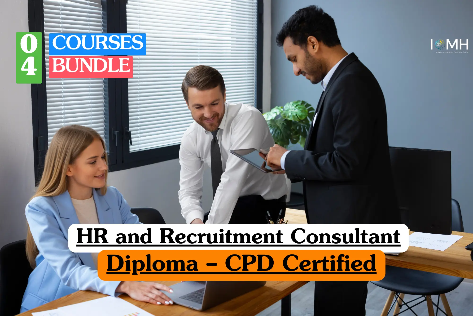 HR and Recruitment Consultant Diploma certified bundle course image showing office professionals discussing human resources metrics.