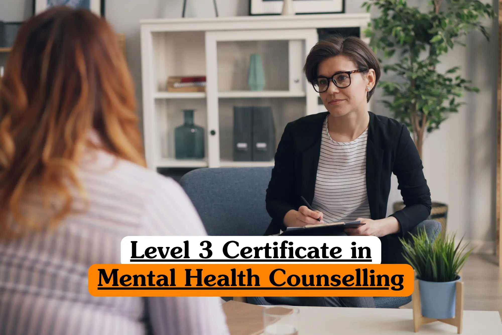 Theoretical clinical psychology and mental health practitioner training banner featuring an active, empathetic therapeutic consultation session inside a calm, neutral-toned modern office setting.