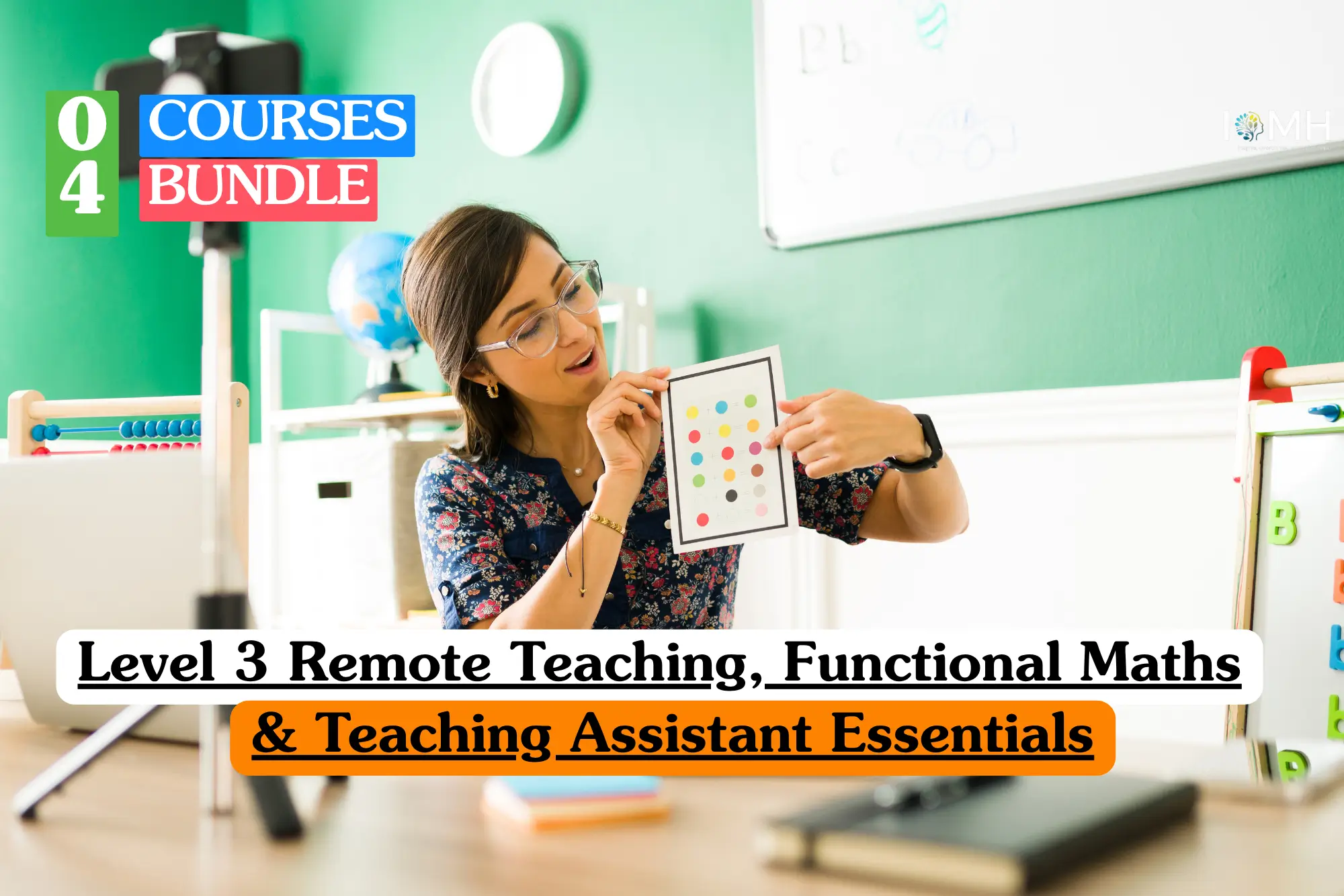 Remote Teaching and Functional Maths bundle course image showing a teaching assistant recording an online early years lesson.
