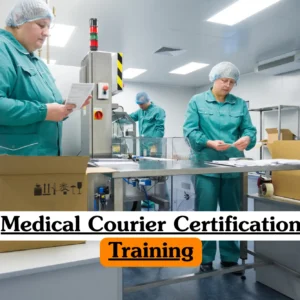 Theoretical healthcare logistics and clinical courier operations training banner focusing on an over-the-shoulder view of a male medical delivery courier driver wearing a professional navy-blue uniform shirt.