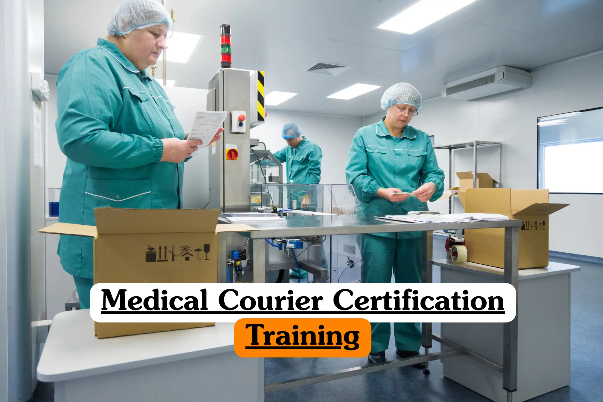 Theoretical healthcare logistics and clinical courier operations training banner focusing on an over-the-shoulder view of a male medical delivery courier driver wearing a professional navy-blue uniform shirt.