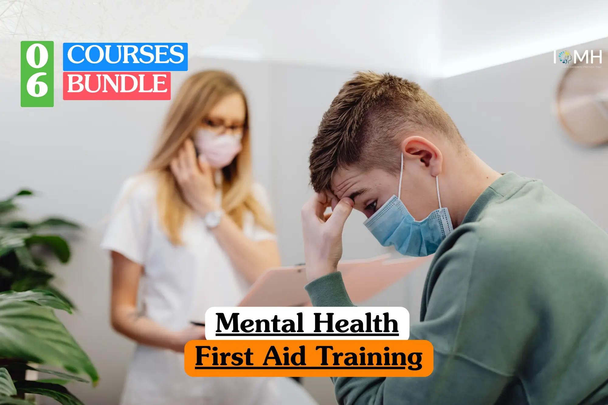 Mental Health First Aid Training bundle course image showing a healthcare professional supporting a young man experiencing stress or anxiety.