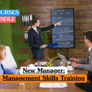 A businessman standing in a corporate boardroom presenting data charts on a large digital screen to colleagues seated at a conference table, with text overlay reading "04 Courses Bundle" and "New Manager: Management Skills Training."