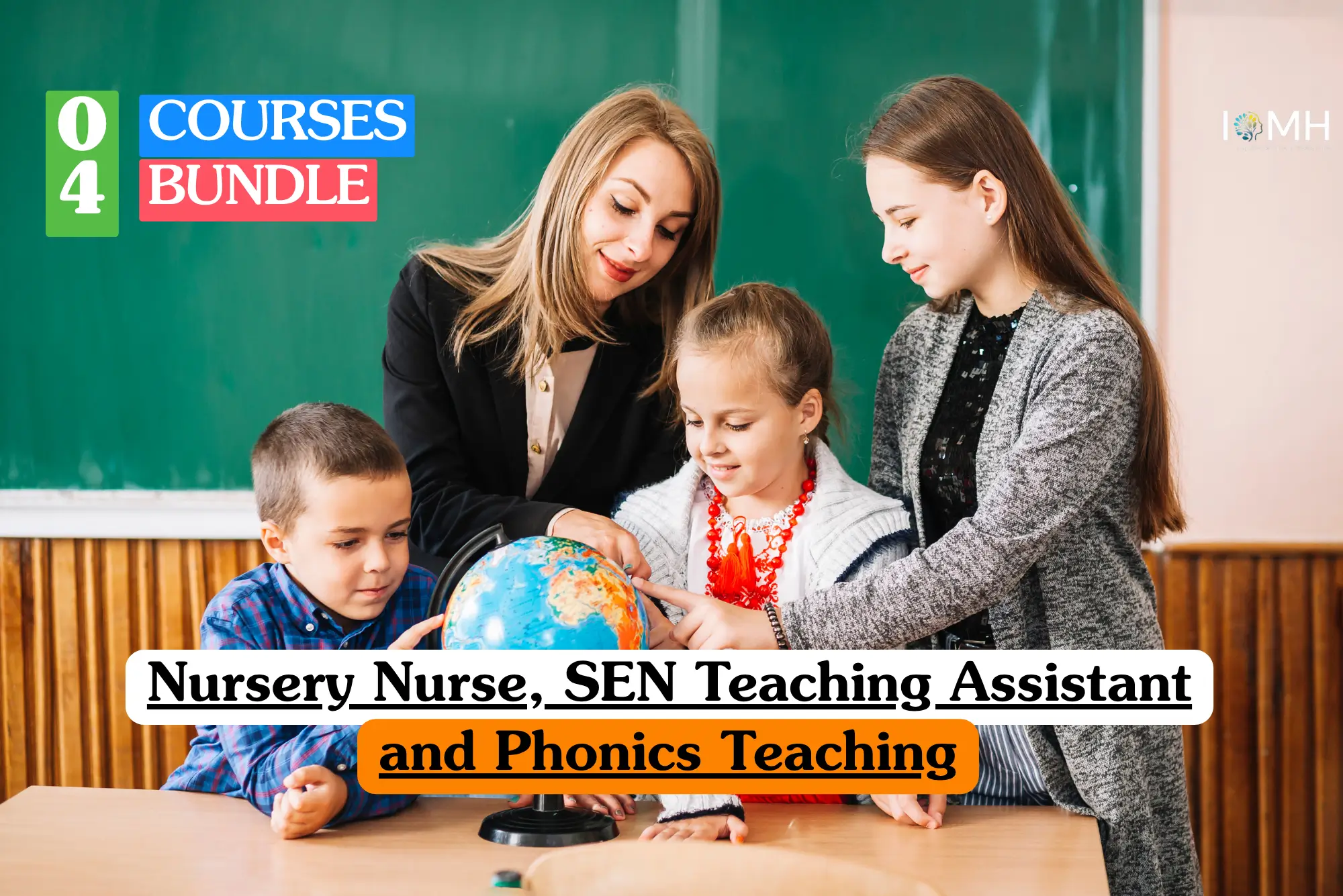 Nursery Nurse, SEN Teaching Assistant, and Phonics Teaching bundle course image showing early years classroom geography education.