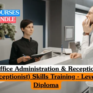 Theoretical office management and corporate reception training banner featuring an active, professional consultation session at a clean, modern corporate reception desk.