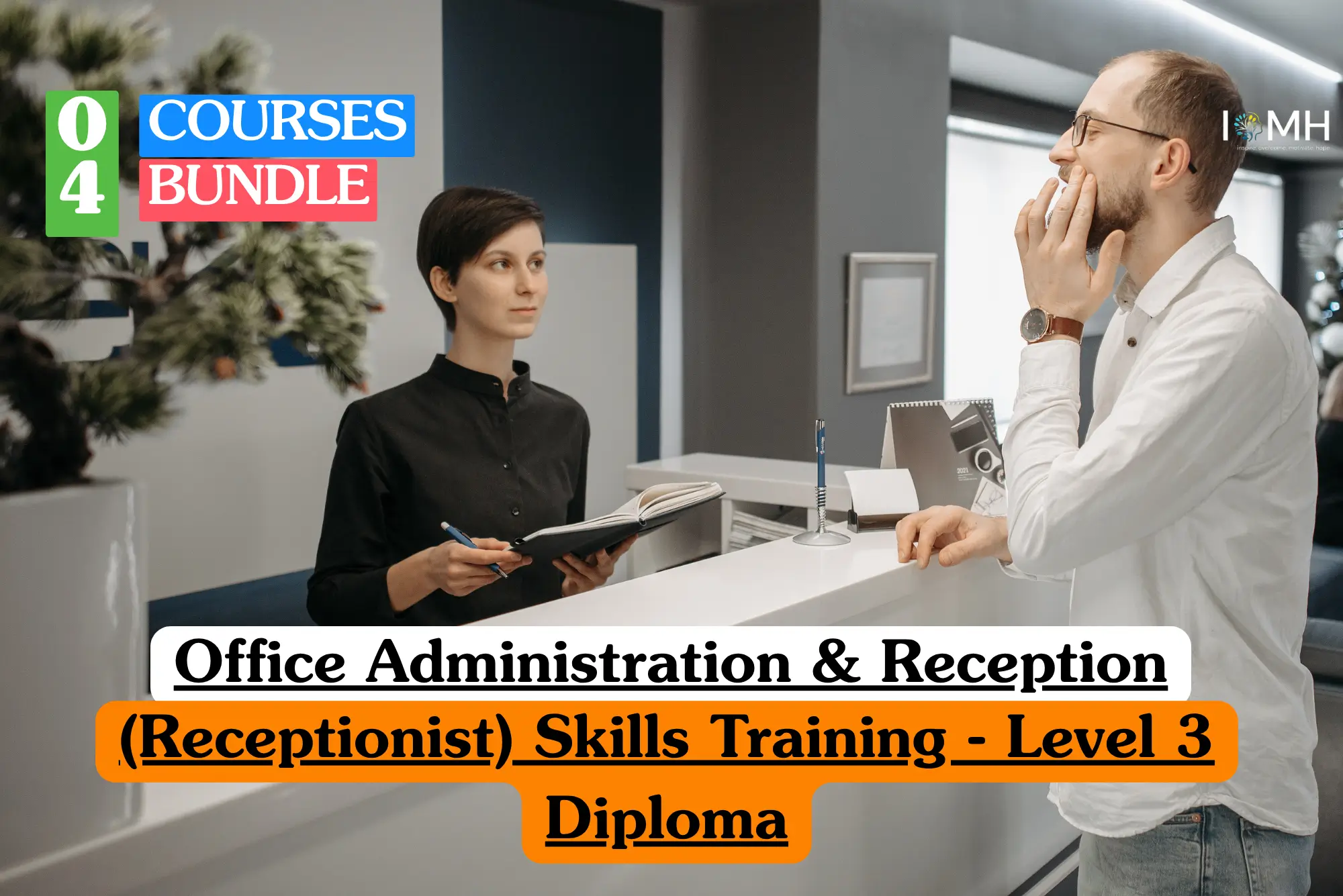 Theoretical office management and corporate reception training banner featuring an active, professional consultation session at a clean, modern corporate reception desk.