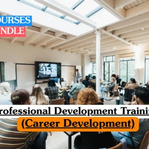 An instructor stands at the front of a modern, sunlit loft classroom presenting to an audience of adult students watching a large screen, with text overlay reading "04 Courses Bundle" and "Professional Development Training (Career Development)."
