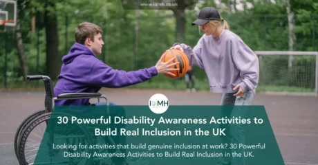 Wheelchair user and colleague enjoying an inclusive basketball activity outdoors, promoting disability awareness, accessibility, teamwork, and social inclusion. The image represents engaging disability awareness activities that encourage equal participation and build inclusive communities across UK workplaces, schools, and organisations.