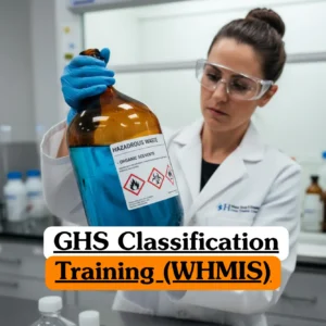Laboratory technician handling a hazardous chemical container during GHS Classification Training (WHMIS) for workplace safety.