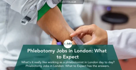 Professional phlebotomist collecting a blood sample from a patient in a modern London hospital, representing phlebotomy careers and healthcare opportunities in the UK.