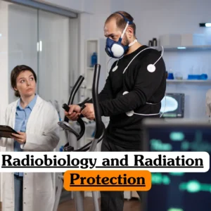 Healthcare professional undergoing radiobiology and radiation protection assessment while clinicians monitor performance in a clinical laboratory. The image represents radiation safety training, radiographic science, occupational health, medical imaging, and safe radiation practices for healthcare professionals.