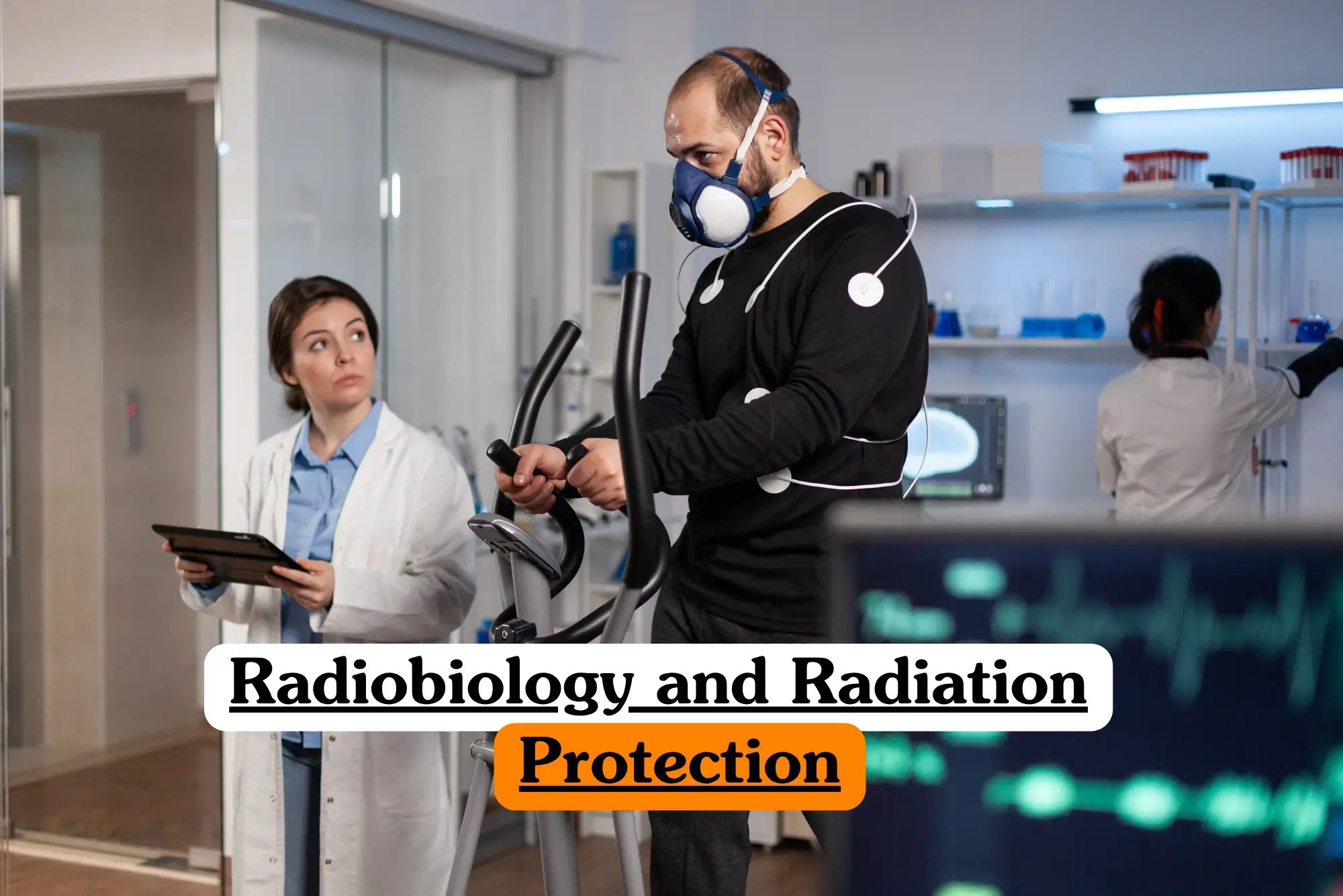 Healthcare professional undergoing radiobiology and radiation protection assessment while clinicians monitor performance in a clinical laboratory. The image represents radiation safety training, radiographic science, occupational health, medical imaging, and safe radiation practices for healthcare professionals.