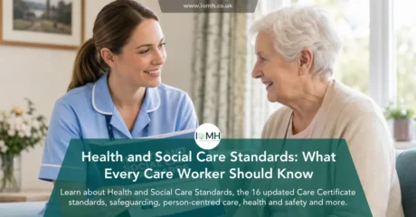Care worker discussing health and social care standards with elderly client at home