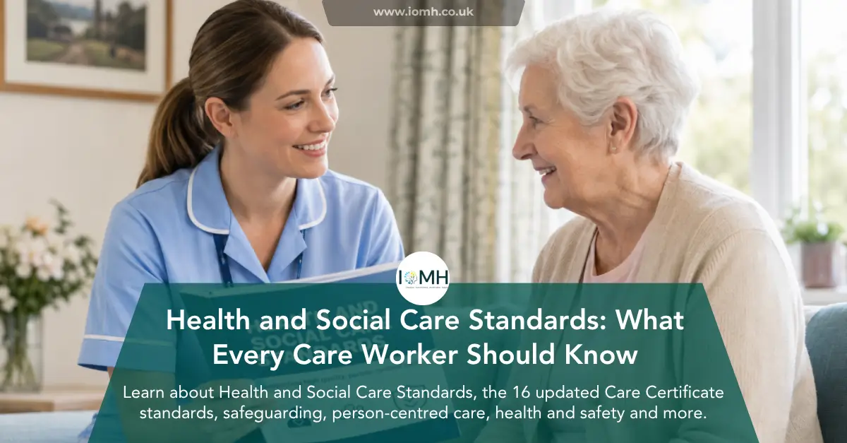 Care worker discussing health and social care standards with elderly client at home